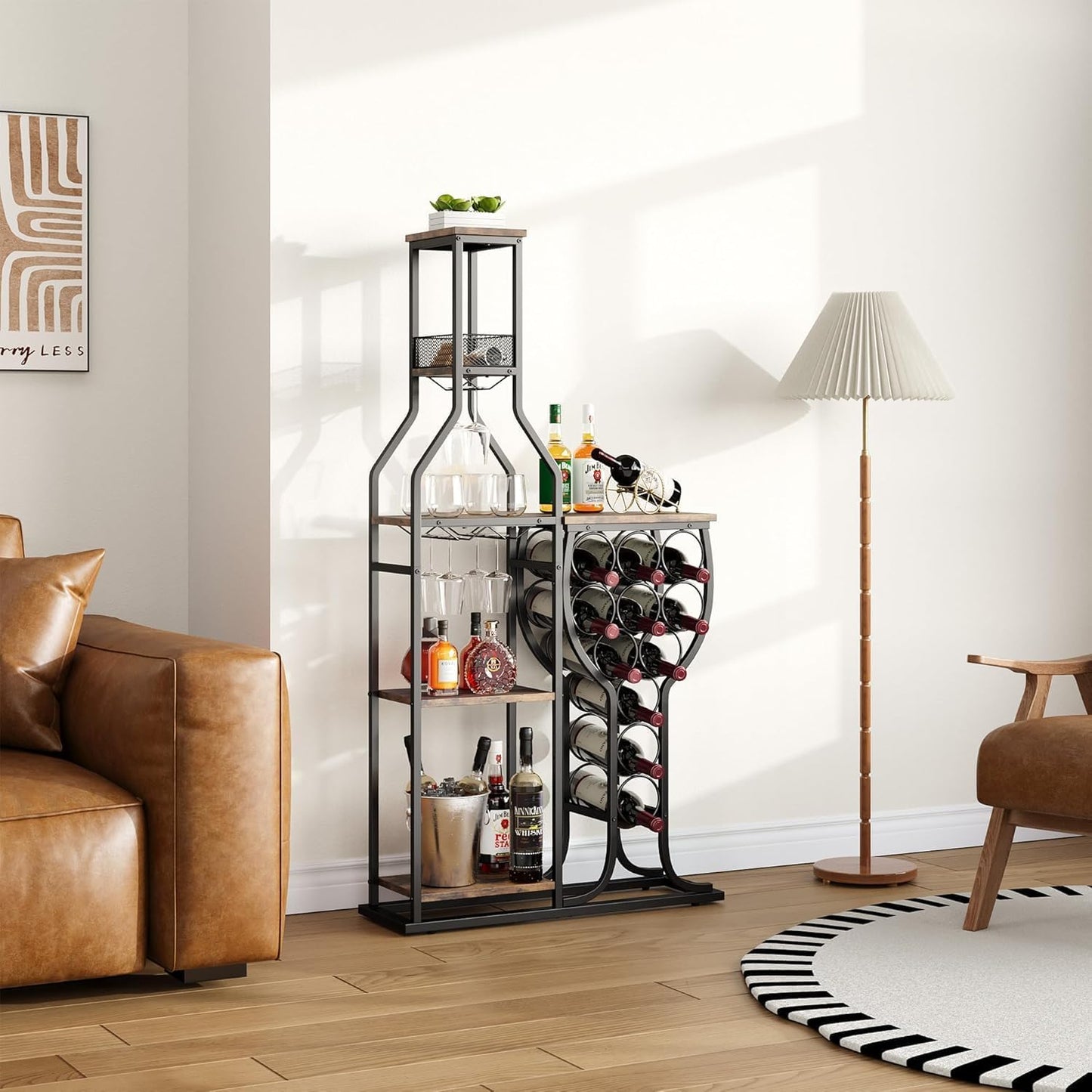 HavenlyYouth Liquor Cabinet for Home Bar, 5-Tier Wine Rack Freestanding Floor with Wine Glass Holder, Mini Bar Stand with 11 Wine Bottles, Bar Table with Storage for Living Room, Kitchen