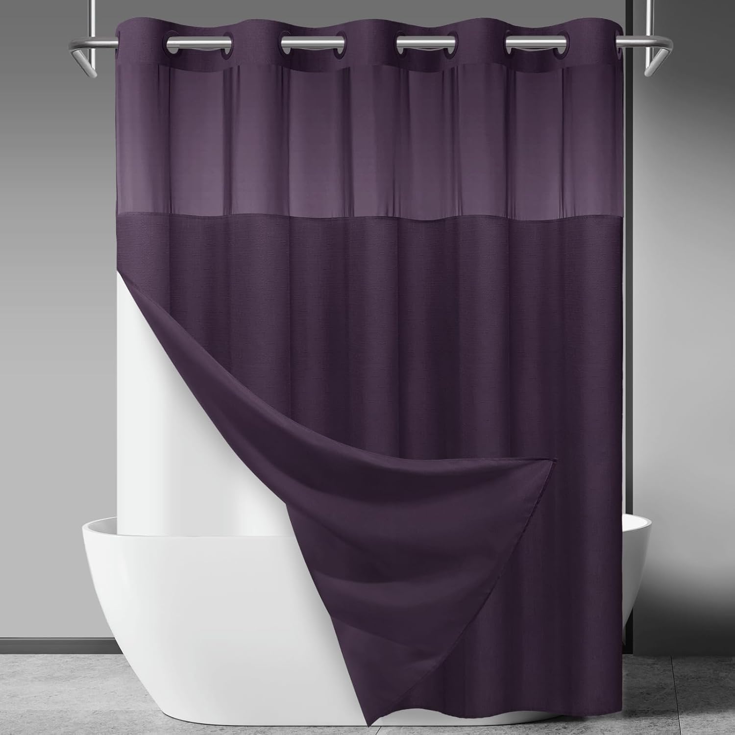 No Hook Slub Textured Shower Curtain with Snap in Liner - Black Fabric Outer Curtain & Waterproof Inner Liner, Hotel Style with See Through Top Window, 71x74 in