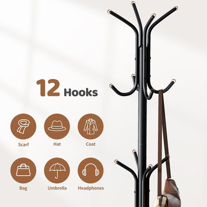 Coat Rack Freestanding Coat Tree Standing Coat and Hat Hanger Jacket Organizer Rack Metal,18.3" L x 18.3" W x 71.5" H, Black