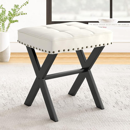 Vanity Stool, Square Linen Makeup Stool with Metal X Legs, Small Ottoman Stool Chair for Vanity, Modern Padded Vanity Seat Foot Rest Stool for Makeup Room, Living Room, Bathroom, Carbon Gray