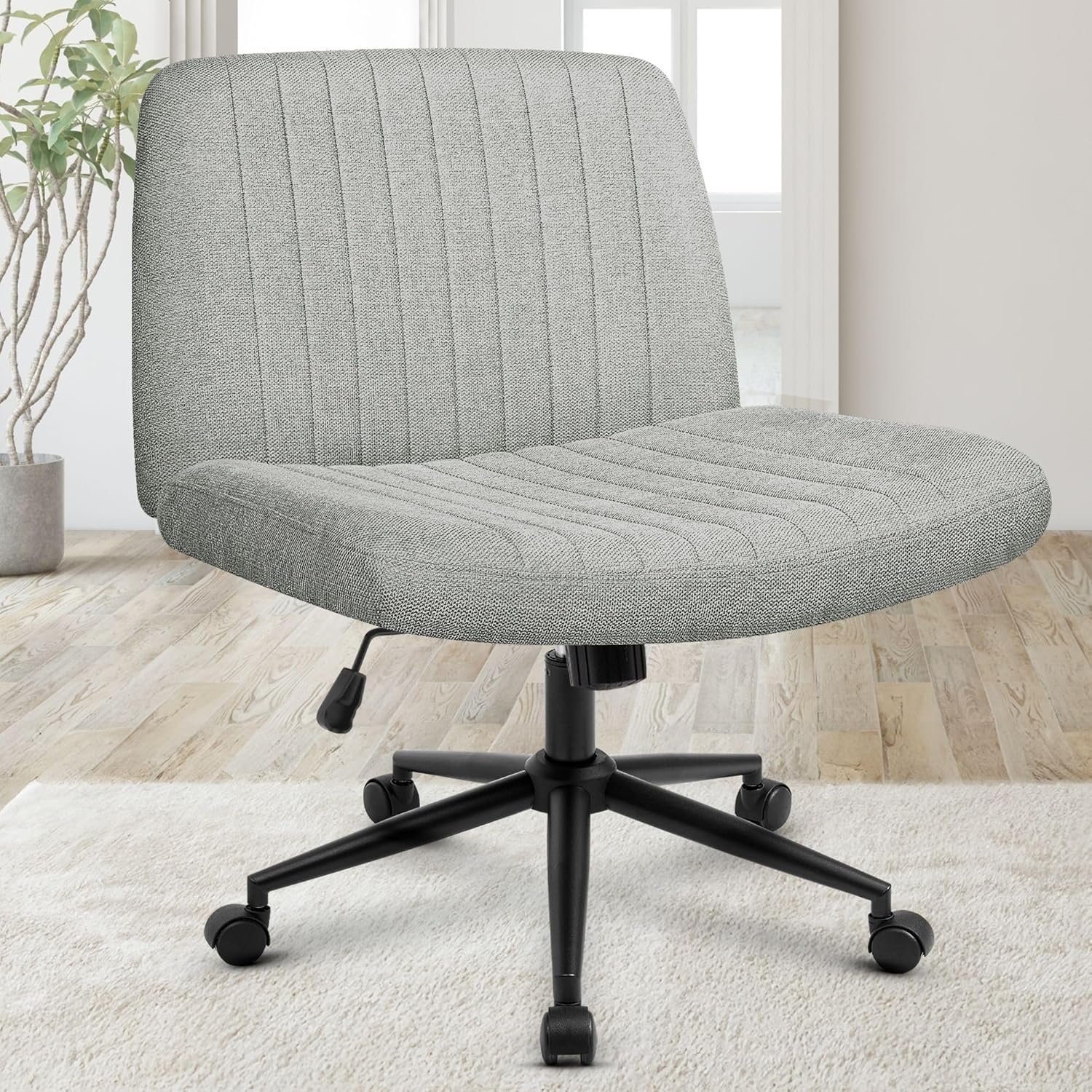 Chair Wheels Wide Cross Legged Office Desk Vanity Chair Comfy Fabric Armless Adjustable Swivel for Home Computer Task (Beige Wheel, Fabric)