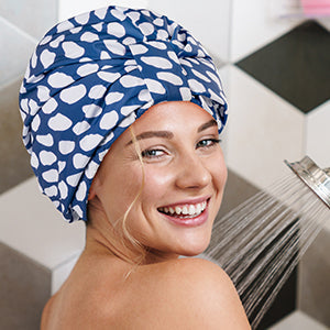 Luxury Shower Cap for Women Reusable Waterproof, Double Layered Shower Hair Cap with Adjustable Elastic Strap, Large Satin Lined Shower Bath Cap for Long Curly Straight Hair, Blue