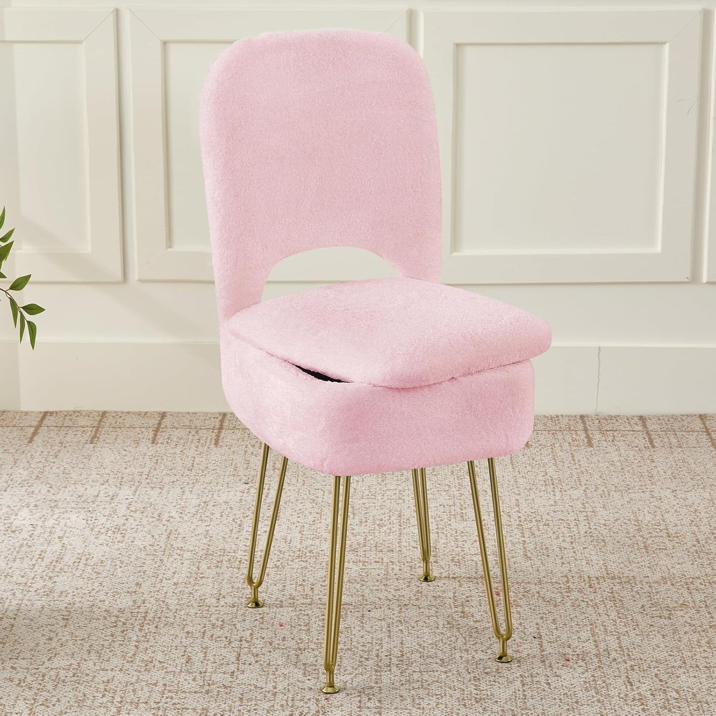 Vanity Chair with Storage and Folding Back, Faux Fur Square Storage Chair, Vanity Stool Chair with 4 Metal Legs for Bedroom, Living Room and Makeup Stations, 13.4"x 15"x 30", White