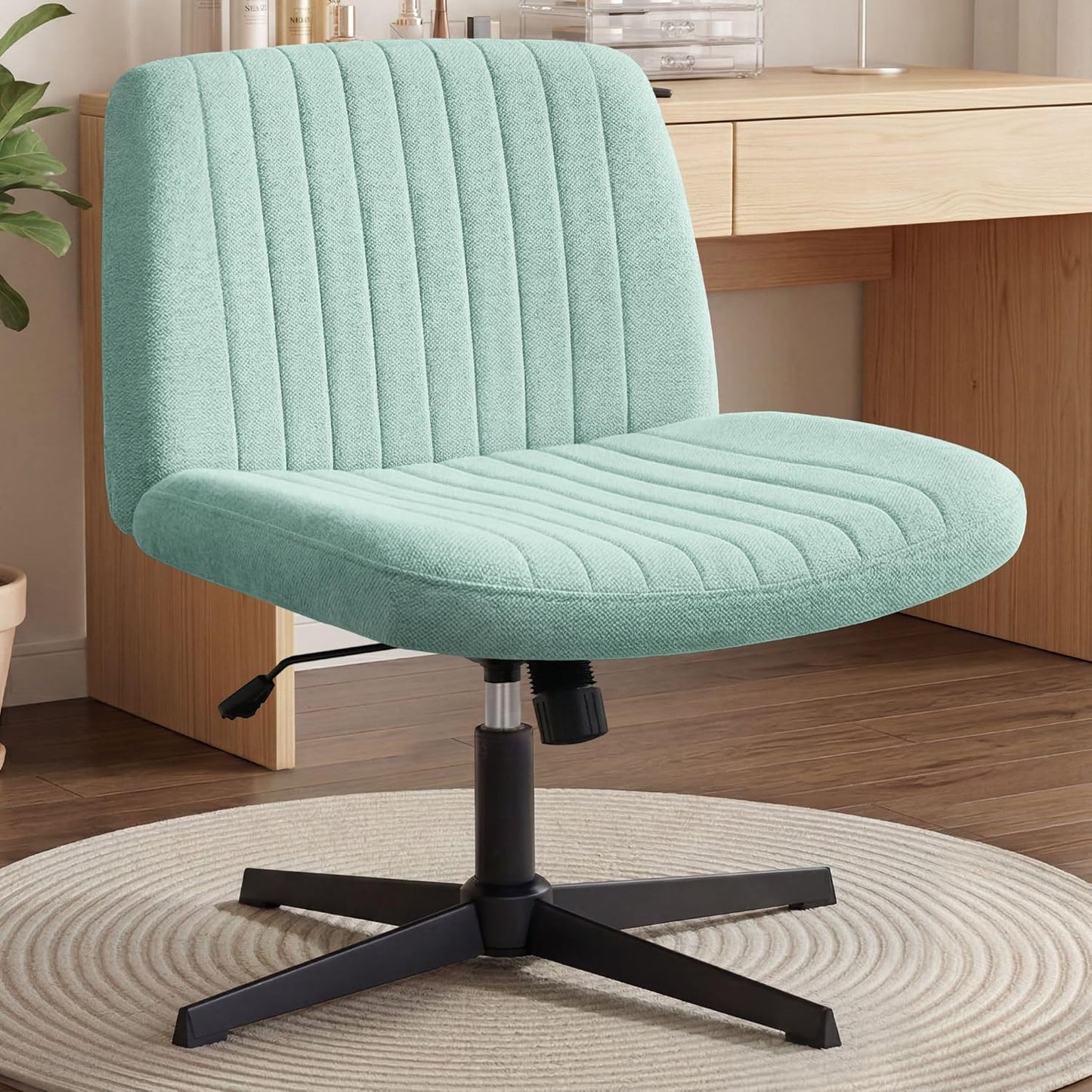 Chair Wheels Wide Cross Legged Office Desk Vanity Chair Comfy Fabric Armless Adjustable Swivel for Home Computer Task (Beige Wheel, Fabric)