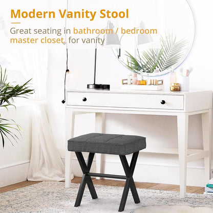 Vanity Stool, Square Linen Makeup Stool with Metal X Legs, Small Ottoman Stool Chair for Vanity, Modern Padded Vanity Seat Foot Rest Stool for Makeup Room, Living Room, Bathroom, Carbon Gray