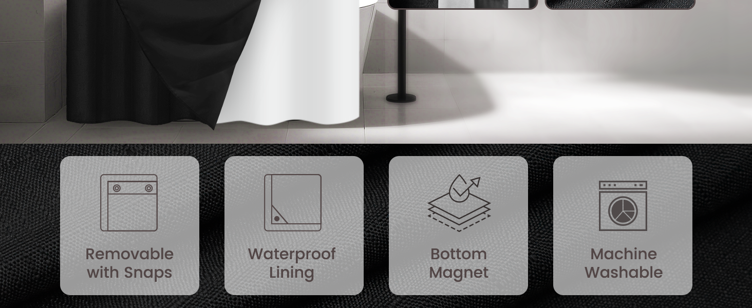No Hook Slub Textured Shower Curtain with Snap in Liner - Black Fabric Outer Curtain & Waterproof Inner Liner, Hotel Style with See Through Top Window, 71x74 in