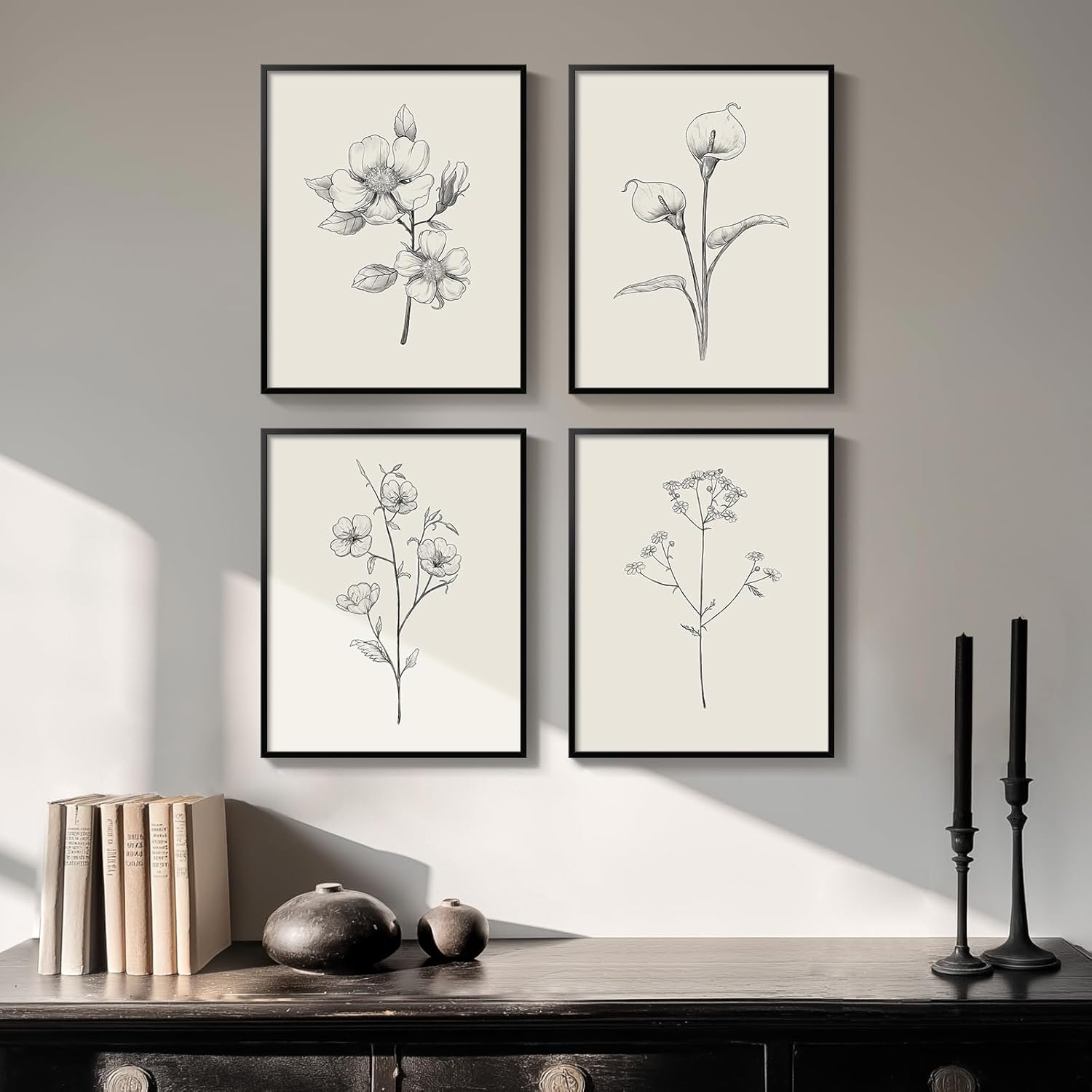 Framed Vintage Botanical Wall Art Bedroom, 4 Piece Rustic Farmhouse Floral Canvas Prints Artwork, Neutral Flower Butterfly Pictures for Modern Farmhouse Living Room Kitchen Bathroom Wall Decor, 11x14