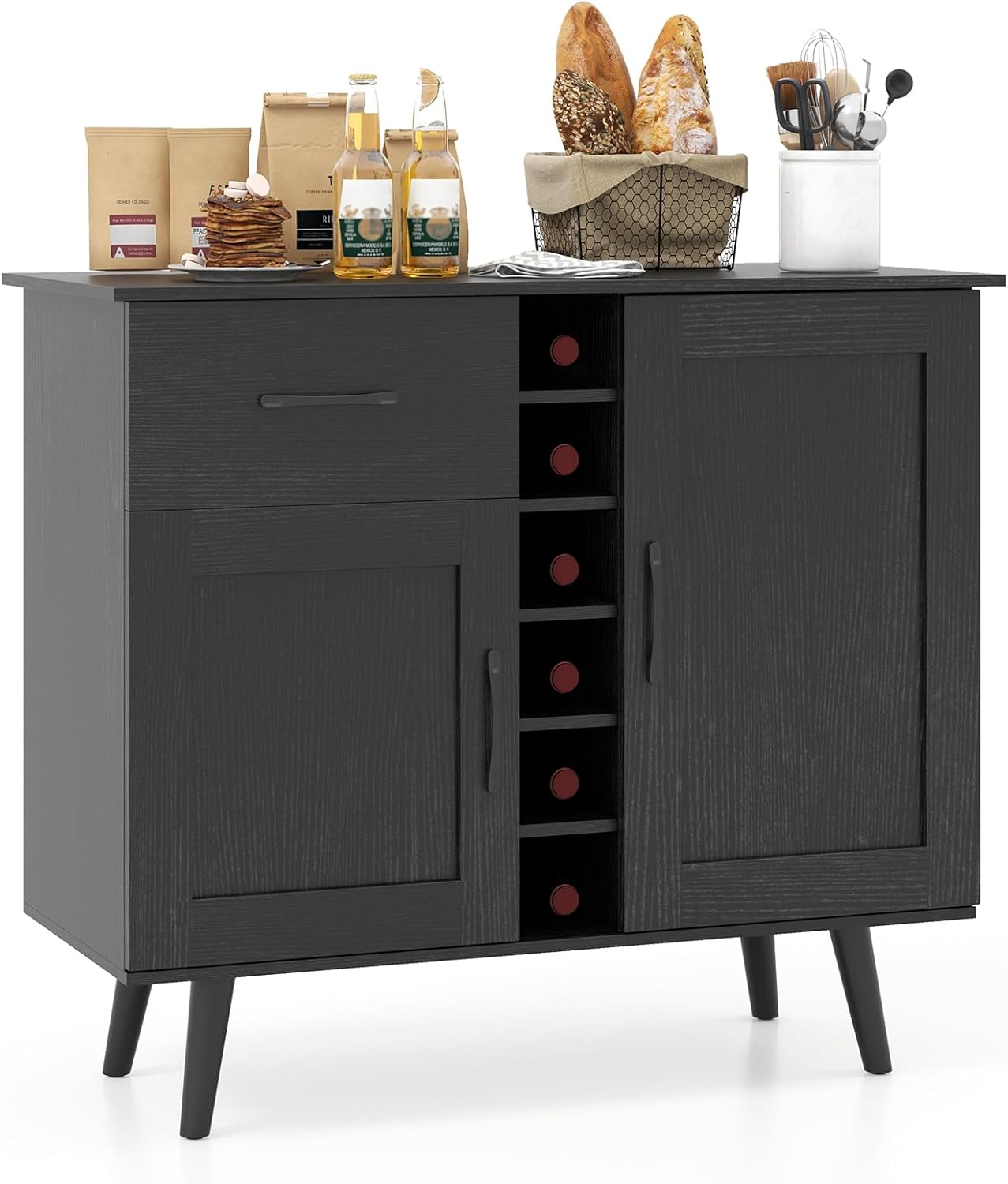 Giantex Bar Cabinet, Buffet Sideboard for 6 Wine Bottles, Wood Pantry Cupboard with Storage Drawer, 2 Door Cabinets, Anti-Toppling Devices, Credenza Organizer for Living Room Kitchen (Oak)