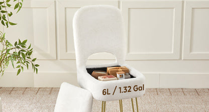 Vanity Chair with Storage and Folding Back, Faux Fur Square Storage Chair, Vanity Stool Chair with 4 Metal Legs for Bedroom, Living Room and Makeup Stations, 13.4"x 15"x 30", White