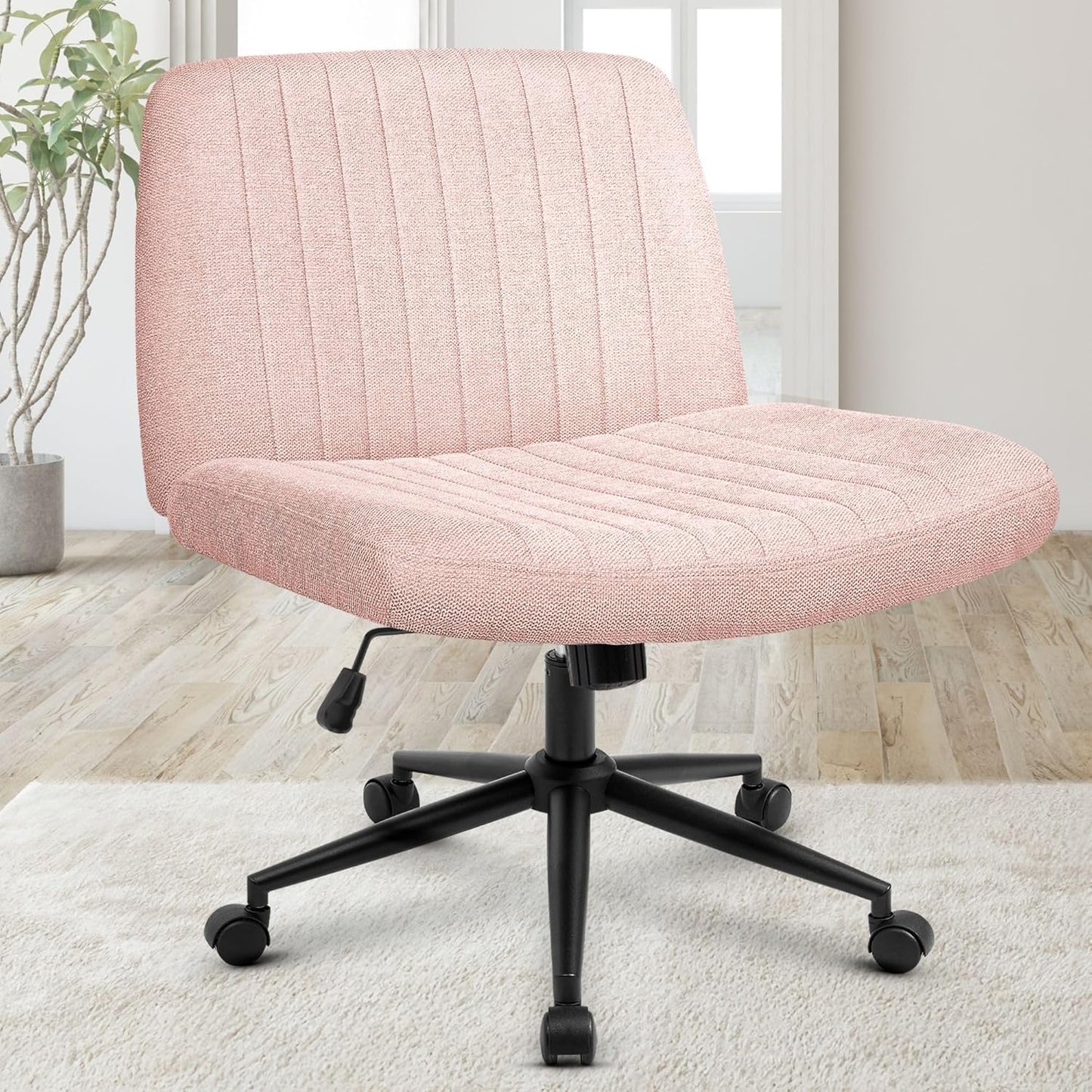 Chair Wheels Wide Cross Legged Office Desk Vanity Chair Comfy Fabric Armless Adjustable Swivel for Home Computer Task (Beige Wheel, Fabric)