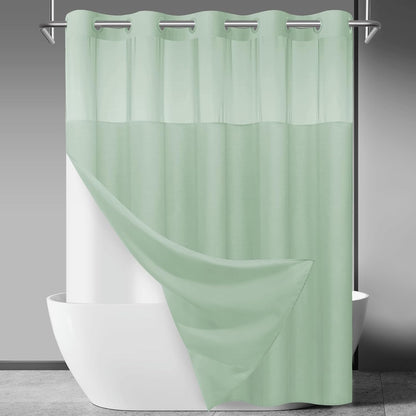 No Hook Slub Textured Shower Curtain with Snap in Liner - Black Fabric Outer Curtain & Waterproof Inner Liner, Hotel Style with See Through Top Window, 71x74 in