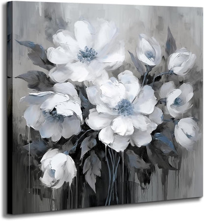 Bathroom Canvas Wall Art, Bathroom Wall Decor,Living Room, Bedroom,Office,Small Gray and White Blue Flower Wall Decoration, 12x12 inches