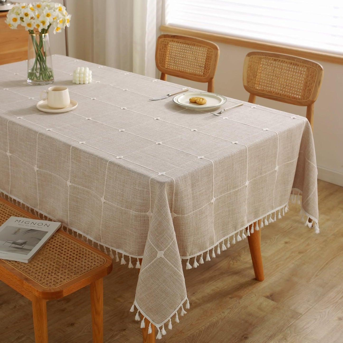 Tablecloths for Rectangle Tables, Cotton Linen Table Cloth Waterproof Tablecloth Wrinkle Free Farmhouse Dining Tables Cover, Soft Fabric Table Cloths with Tassels, Brown, 55" X 70", 4-6 Seats