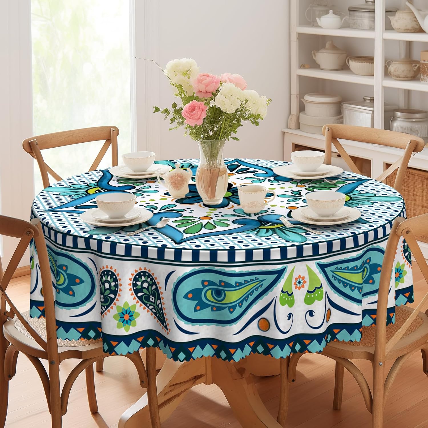 Round Tablecloth, Summer Tablecloths Polyester Waterproof Stain Wrinkle Free, Indoor and Outdoor Table Cover for Kitchen Party Dining Table
