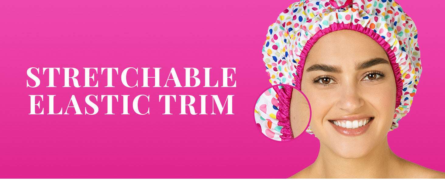 Reusable Bath & Shower Cap Lined, Oversized Waterproof Shower Caps Large Designed for all Hair Lengths with PEVA Lining & Elastic Band Stretch Hem Hair Hat - Fashionista Deco Dots