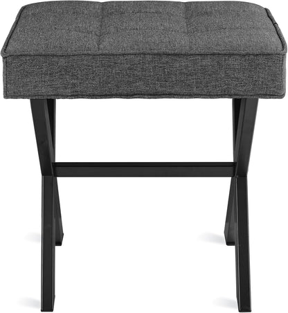 Vanity Stool, Square Linen Makeup Stool with Metal X Legs, Small Ottoman Stool Chair for Vanity, Modern Padded Vanity Seat Foot Rest Stool for Makeup Room, Living Room, Bathroom, Carbon Gray