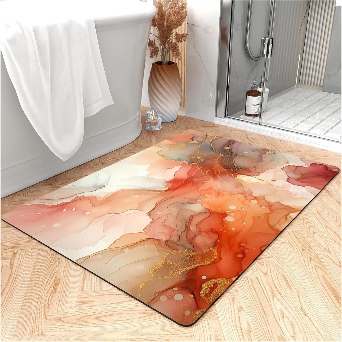 Thin Bath Mat, Diatomaceous Earth Shower Mat Non Slip Instantly Removes Water Drying Fast Bathroom Mat Modern Abstract Wave Marble Texture Easy to Clean (3x5ft/36x60in/90x150cm, Pink)