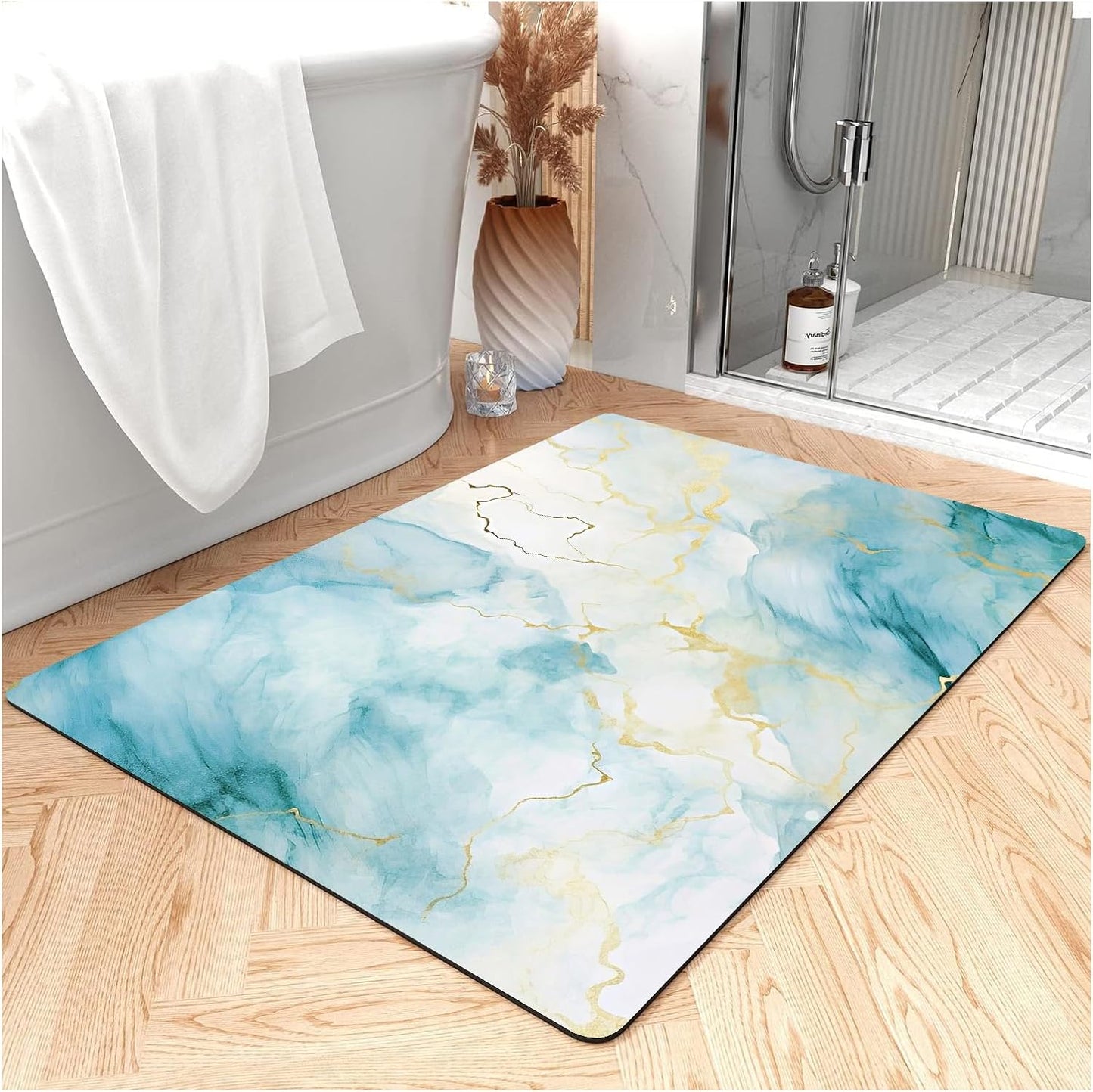Thin Bath Mat, Diatomaceous Earth Shower Mat Non Slip Instantly Removes Water Drying Fast Bathroom Mat Modern Abstract Wave Marble Texture Easy to Clean (3x5ft/36x60in/90x150cm, Pink)