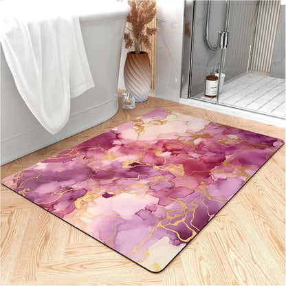 Thin Bath Mat, Diatomaceous Earth Shower Mat Non Slip Instantly Removes Water Drying Fast Bathroom Mat Modern Abstract Wave Marble Texture Easy to Clean (3x5ft/36x60in/90x150cm, Pink)
