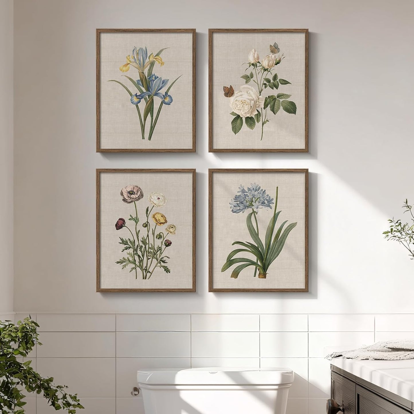 Framed Vintage Botanical Wall Art Bedroom, 4 Piece Rustic Farmhouse Floral Canvas Prints Artwork, Neutral Flower Butterfly Pictures for Modern Farmhouse Living Room Kitchen Bathroom Wall Decor, 11x14