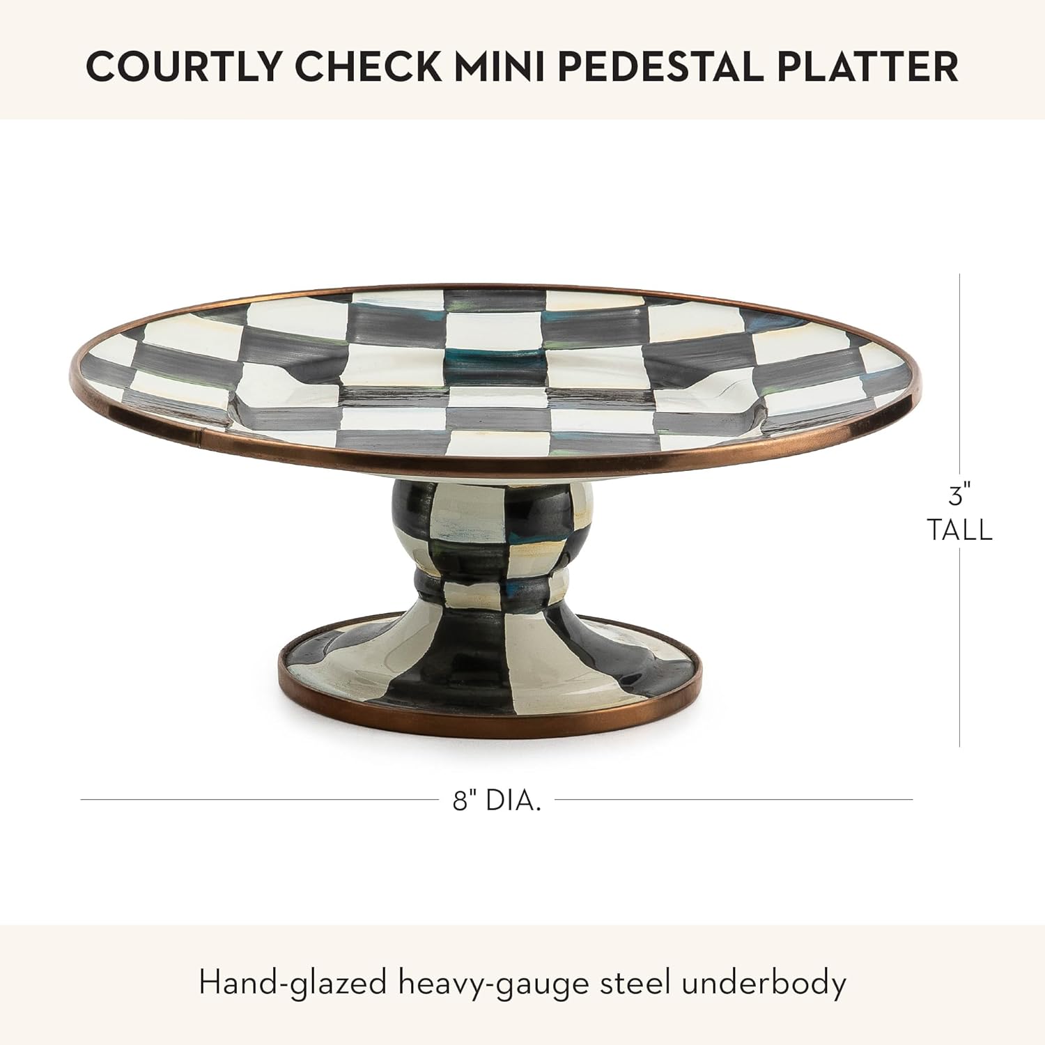 Enamel Pedestal Serving Platter, Decorative Serving Dish for Food, Mini, Black-and-White Courtly Check