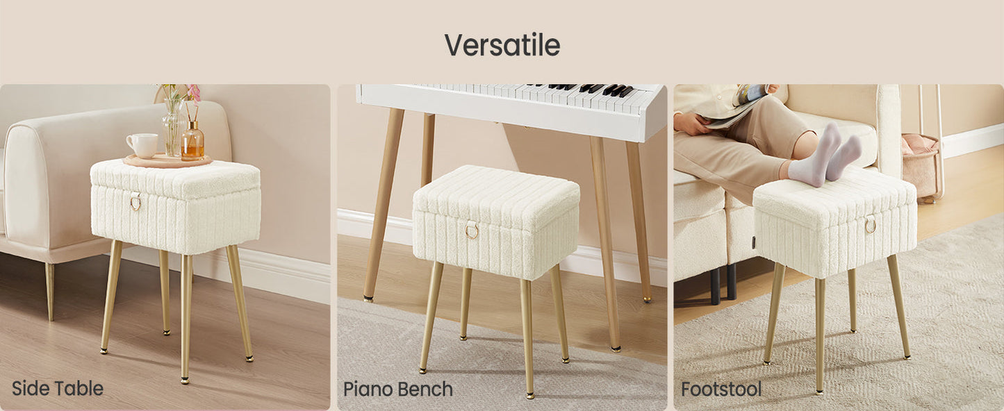 Vanity Stool Chair Faux Fur with Storage, Vanity Bench, Metal Legs, Adjustable Feet, for Living Room, Bedroom, Makeup Room, Cream White ULOM505WZ02
