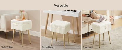 Vanity Stool Chair Faux Fur with Storage, Vanity Bench, Metal Legs, Adjustable Feet, for Living Room, Bedroom, Makeup Room, Cream White ULOM505WZ02