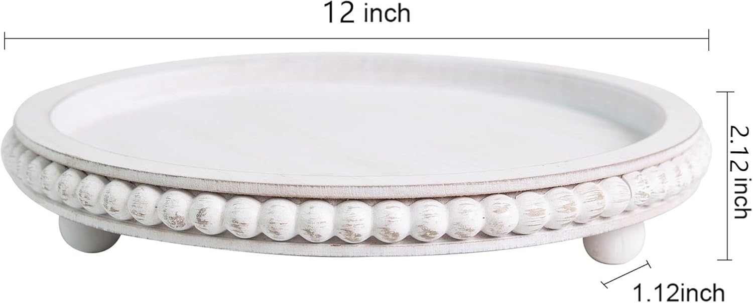 12in Round Wood Tray - White, Distressed, Farmhouse Rustic - Decorative Tray for Living Room, Coffee Table, Kitchen Table or Farmhouse Serving Tray