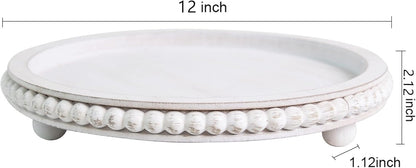 12in Round Wood Tray - White, Distressed, Farmhouse Rustic - Decorative Tray for Living Room, Coffee Table, Kitchen Table or Farmhouse Serving Tray