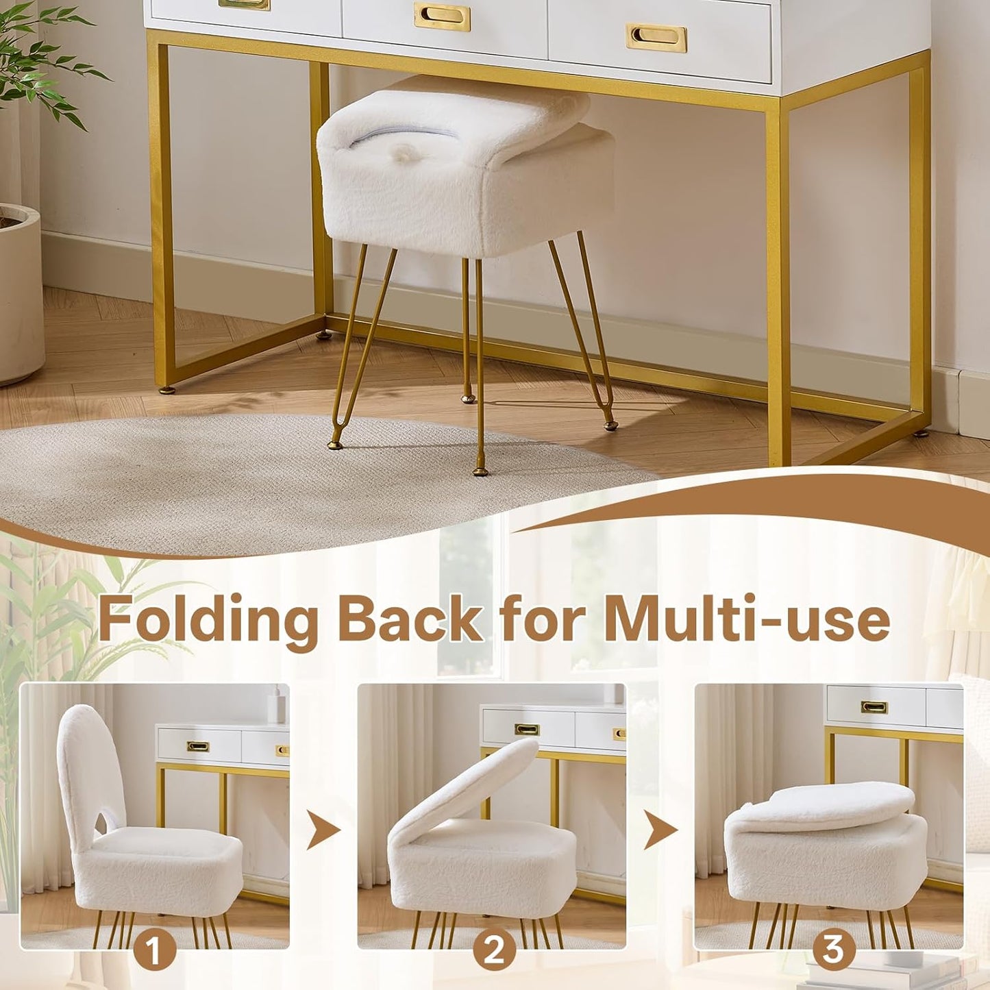 White Vanity Chair with Storage, Folding Back Faux Fur Vanity Stool, Makeup Ottoman with Gold Legs for Bedroom/Bathroom