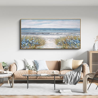 Framed Wall Art for Living Room Decor - Farmhouse Boho Beach Coastal Vintage Floral Ocean Wall Picture Flowers Sea Canvas Print Seascape Artwork for Home Living Room Bedroom Office 24x48