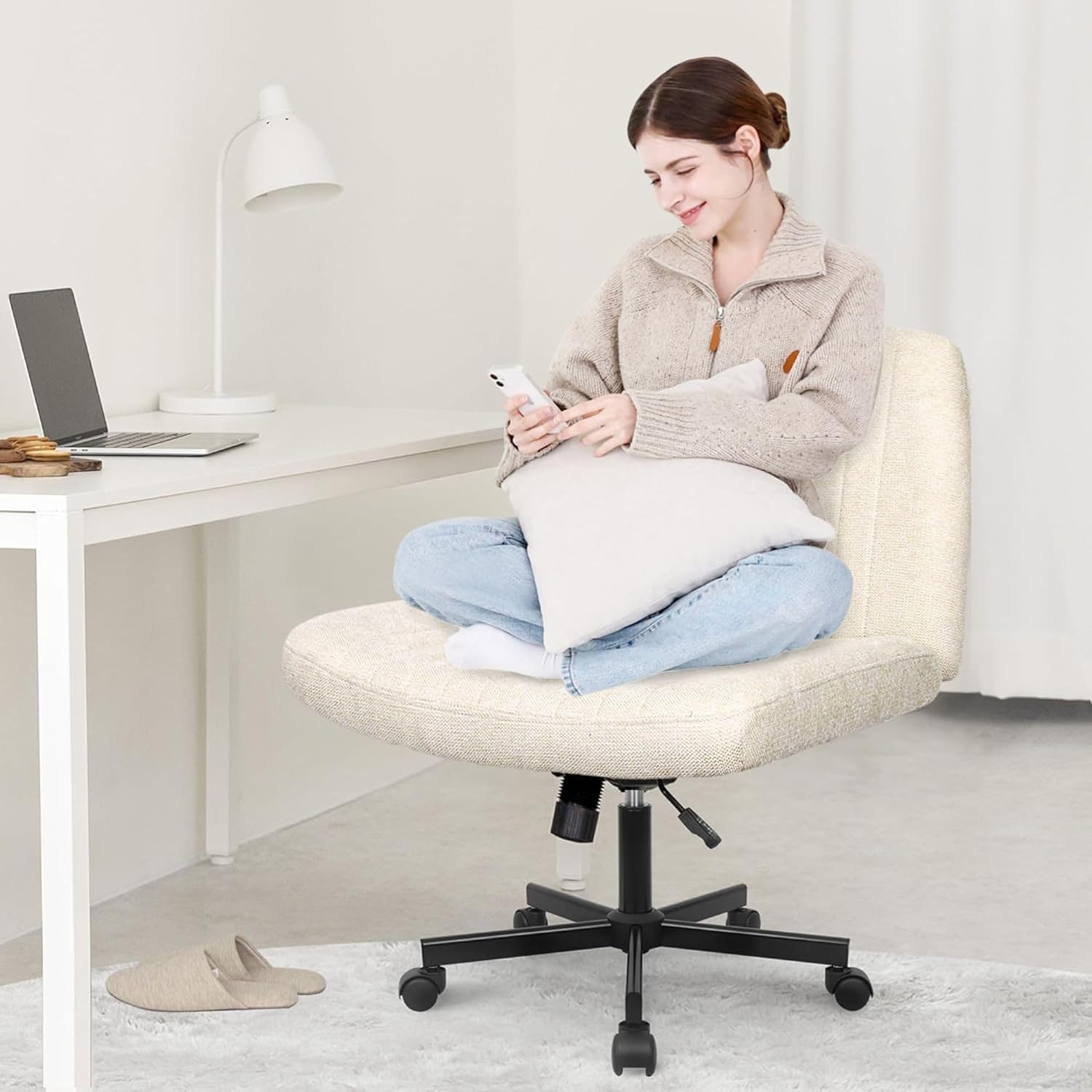 Chair Wheels Wide Cross Legged Office Desk Vanity Chair Comfy Fabric Armless Adjustable Swivel for Home Computer Task (Beige Wheel, Fabric)