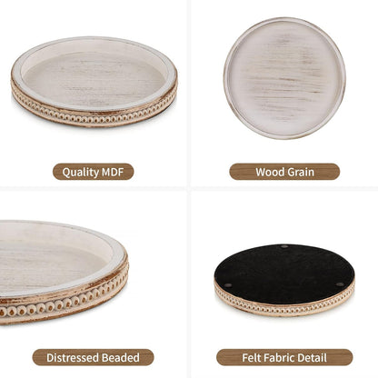 Round Wooden Decorative Tray: White Washed Bead Tray Decor for Coffee Table Centerpiece Rustic Farmhouse Tray for Kitchen Counter Living Room Decoration