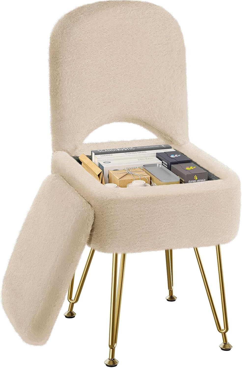 Small Vanity Stool Chair with Storage and Folding Back, 13.4" x 15" x 30" Square Faux Fur Soft Ottoman, 4 Metal Legs with Anti-Slip Feet, Furry Padded Seat for Makeup, Bedroom, White