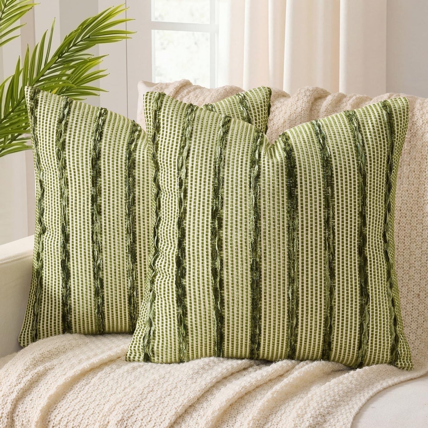 ANRODUO Pack of 2 Boho Decorative Throw Pillow Covers 18x18 Farmhouse Cushion Case Striped Chenille Pillow Cases Square Pillow Covers Accent Neutral Pillowcase for Sofa Couch Bed, Olive Green Stripe