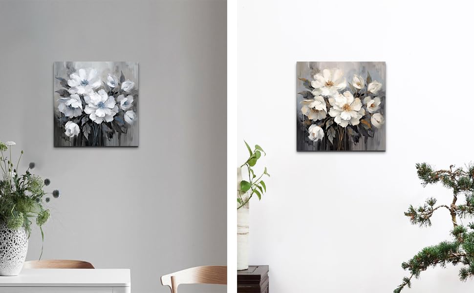 Bathroom Canvas Wall Art, Bathroom Wall Decor,Living Room, Bedroom,Office,Small Gray and White Blue Flower Wall Decoration, 12x12 inches