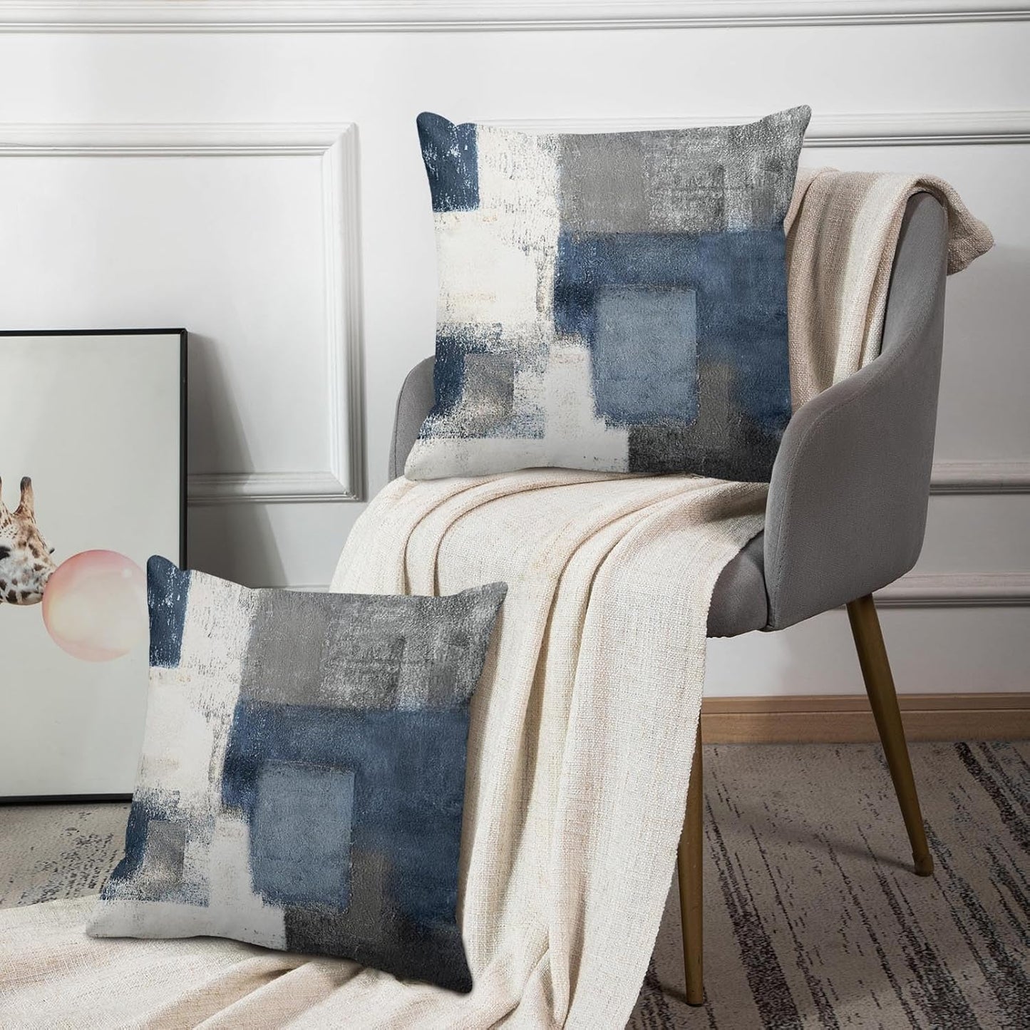 Emvency Set of 2 Throw Pillow Covers Modern Abstract Painting Blue White and Gray Decorative Sofa Pillow Cases Home Decor Standard Square 18x18 Inches Pillowcases