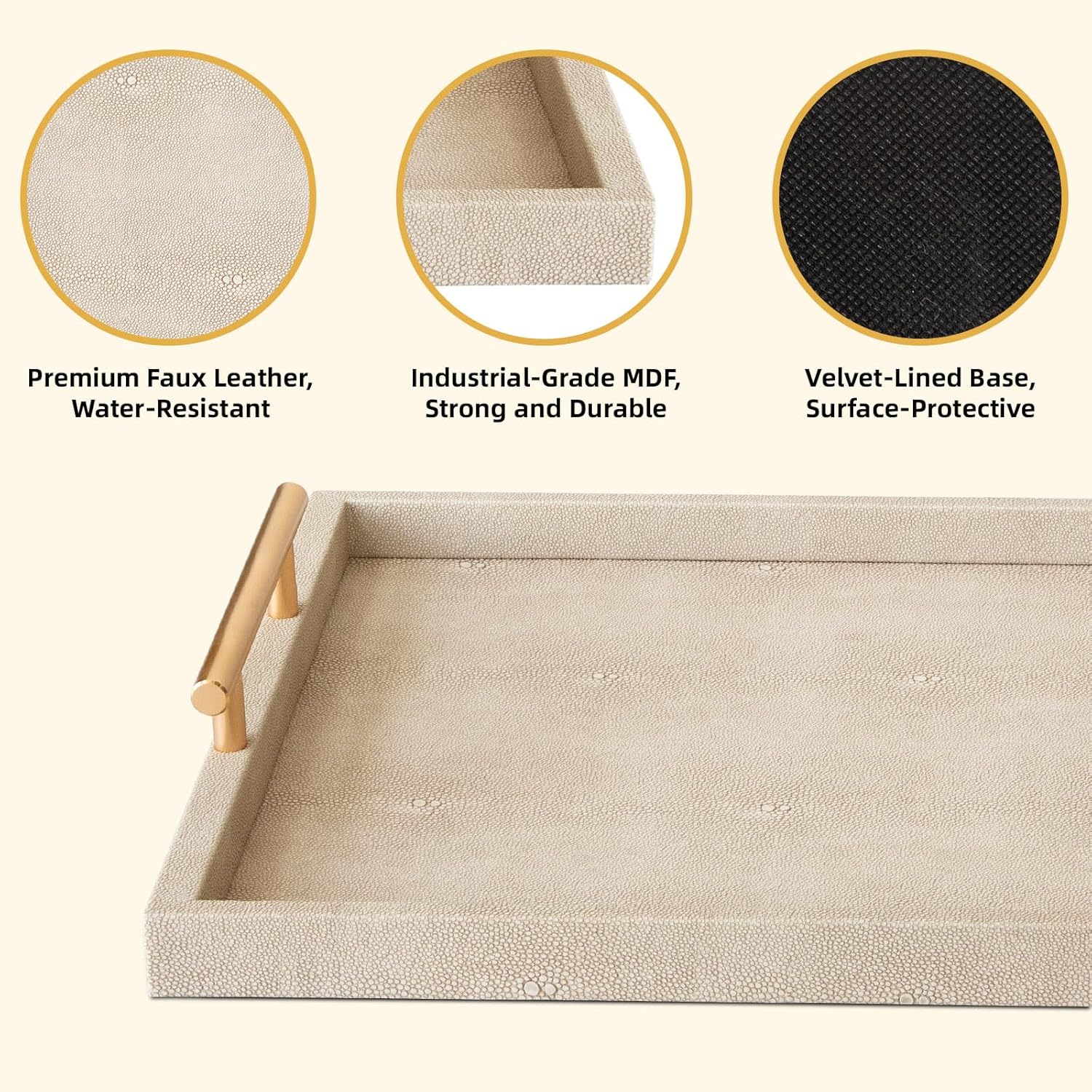 Modern Decorative Tray Set of 2 Ivory Shagreen Leather and Wood Serving Tray with Gold Polished Metal Handles for Ottoman, Coffee Table, Bathroom and More