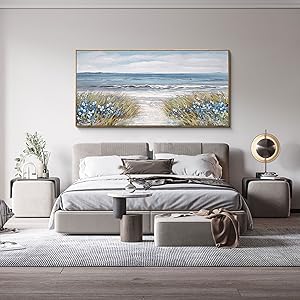Framed Wall Art for Living Room Decor - Farmhouse Boho Beach Coastal Vintage Floral Ocean Wall Picture Flowers Sea Canvas Print Seascape Artwork for Home Living Room Bedroom Office 24x48