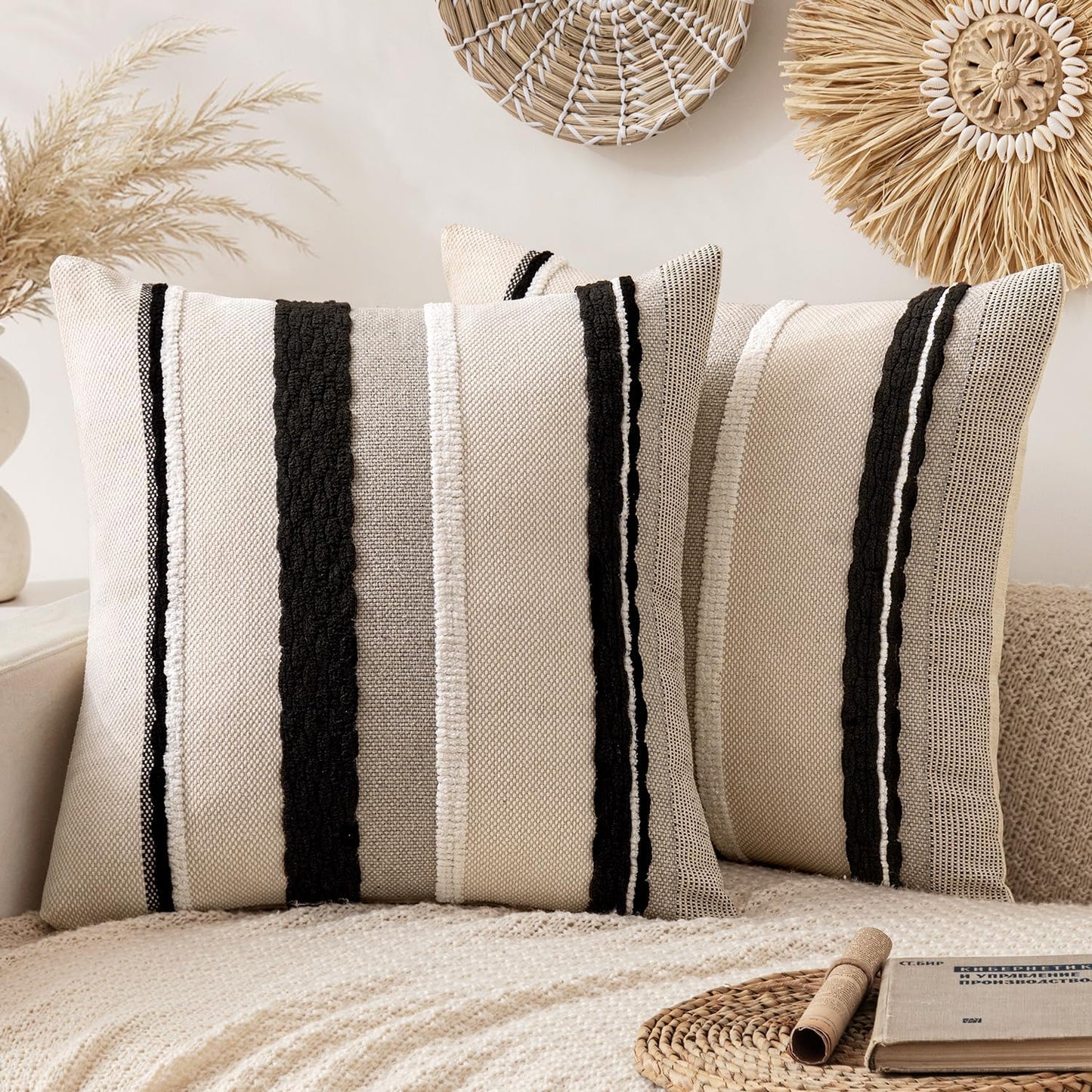 ANRODUO Pack of 2 Boho Decorative Throw Pillow Covers 18x18 Farmhouse Cushion Case Striped Chenille Pillow Cases Square Pillow Covers Accent Neutral Pillowcase for Sofa Couch Bed, Olive Green Stripe