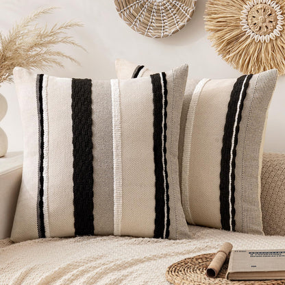 ANRODUO Pack of 2 Boho Decorative Throw Pillow Covers 18x18 Farmhouse Cushion Case Striped Chenille Pillow Cases Square Pillow Covers Accent Neutral Pillowcase for Sofa Couch Bed, Olive Green Stripe
