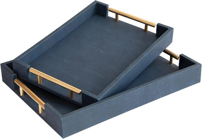 Modern Decorative Tray Set of 2 Ivory Shagreen Leather and Wood Serving Tray with Gold Polished Metal Handles for Ottoman, Coffee Table, Bathroom and More