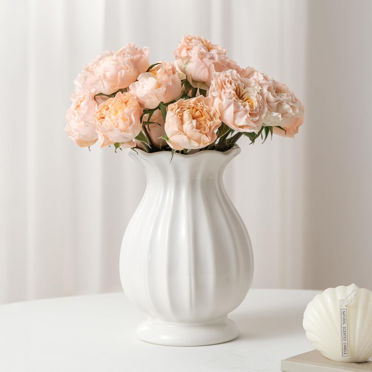 White Ceramic Vase, 7.8 Inch Flower Vase Home Decor Modern Decorative Vases for Bouquet, Unique Vases for Farmhouse Living Room Cabinet Table Centerpieces Wedding Decorations