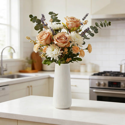 Ceramic Vase for Flower, Matte Black Ribbed Ceramic Vase for Home Decor, Nordic Minimalist Vase for Pampas Grass, Flowers Vases for Kitchen, Living Room, Bedroom, Office, Shelf Table (White)