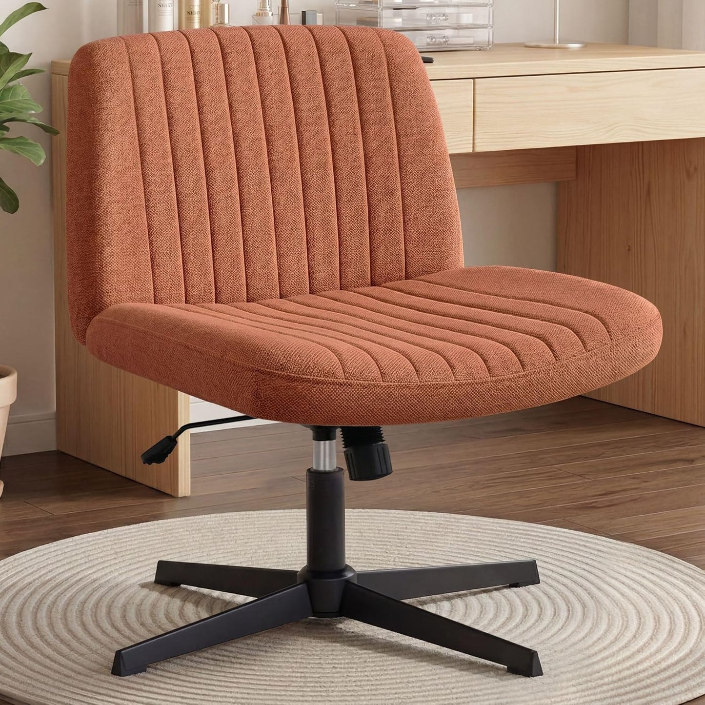 Chair Wheels Wide Cross Legged Office Desk Vanity Chair Comfy Fabric Armless Adjustable Swivel for Home Computer Task (Beige Wheel, Fabric)