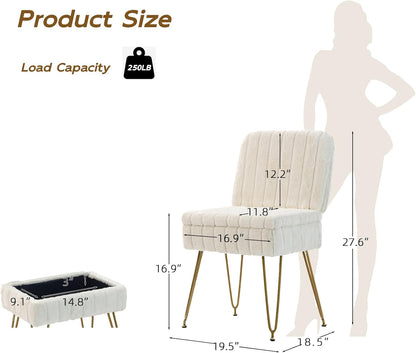 Vanity Chair with Storage, Comfy Ottoman with Folding Back, Faux Fur Vanity Stool with 4 Metal Legs for Make Up, Furry Padded Seat with Anti-Slip Feet for Bedroom Dressing Room