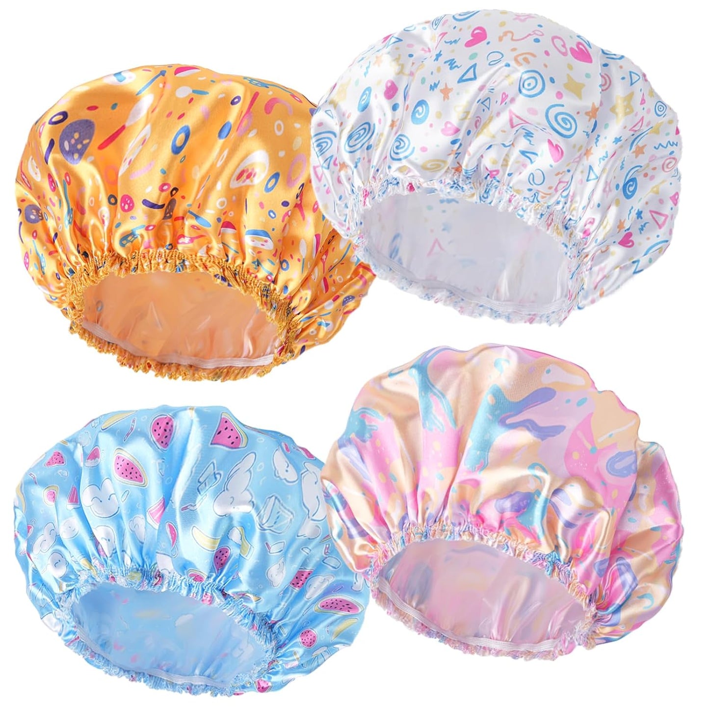 4 PCS Shower Caps for Women, Elastic and Reusable Bath Caps, Double Waterproof Layers Shower Cap, Bathing Shower Caps, Environmental Protection Hair Bath Hat - Printed Color