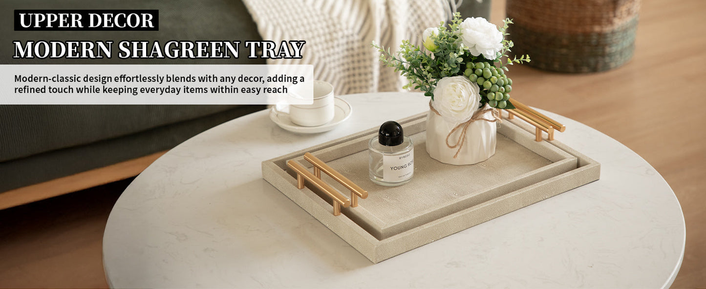 Modern Decorative Tray Set of 2 Ivory Shagreen Leather and Wood Serving Tray with Gold Polished Metal Handles for Ottoman, Coffee Table, Bathroom and More