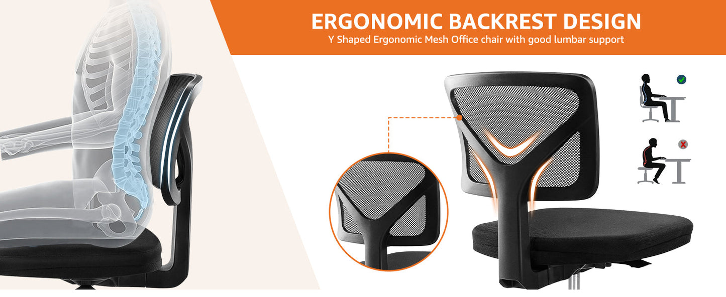 Small Office Desk Chair, Ergonomic Low-Back Mesh Rolling Work Swivel Chairs with Wheels, Armless Comfortable Seat Lumbar Support for Home, Bedroom, Study, Student, Adults,Classic Black
