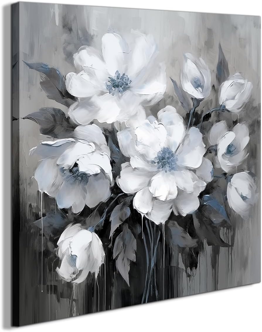 Bathroom Canvas Wall Art, Bathroom Wall Decor,Living Room, Bedroom,Office,Small Gray and White Blue Flower Wall Decoration, 12x12 inches